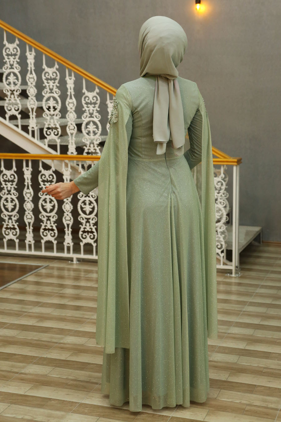 PEARL DETAILED GREEN EVENING DRESS